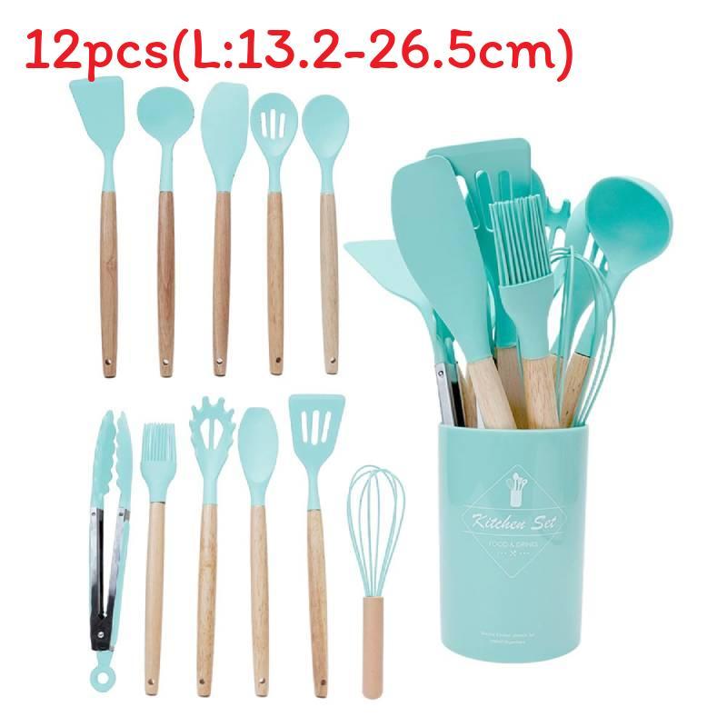 Silicone Kitchen Utensil Set With Wooden Handles For Nonstick Cookware And Heat Resistance