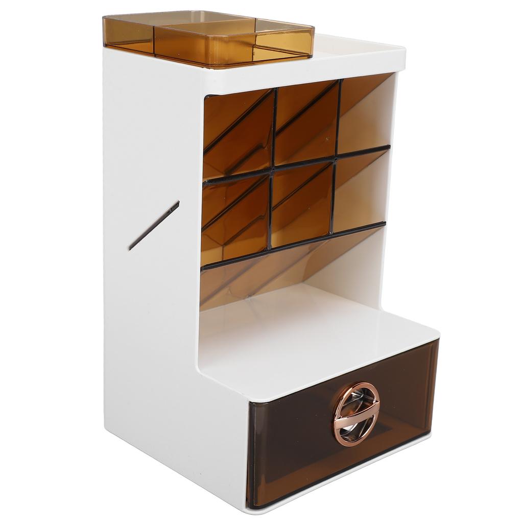 Makeup Brush Holder with Drawer Desktop Stationery Supplies Storage Box for Office School Vanity White and Dark Brown