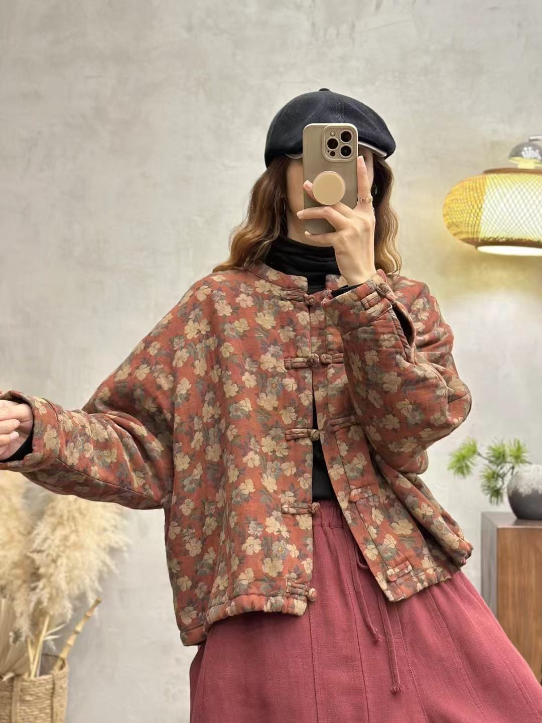 

2025 autumn new product retro twill double-layer cotton long-sleeved loose and old printed ethnic style top short coat Average size
