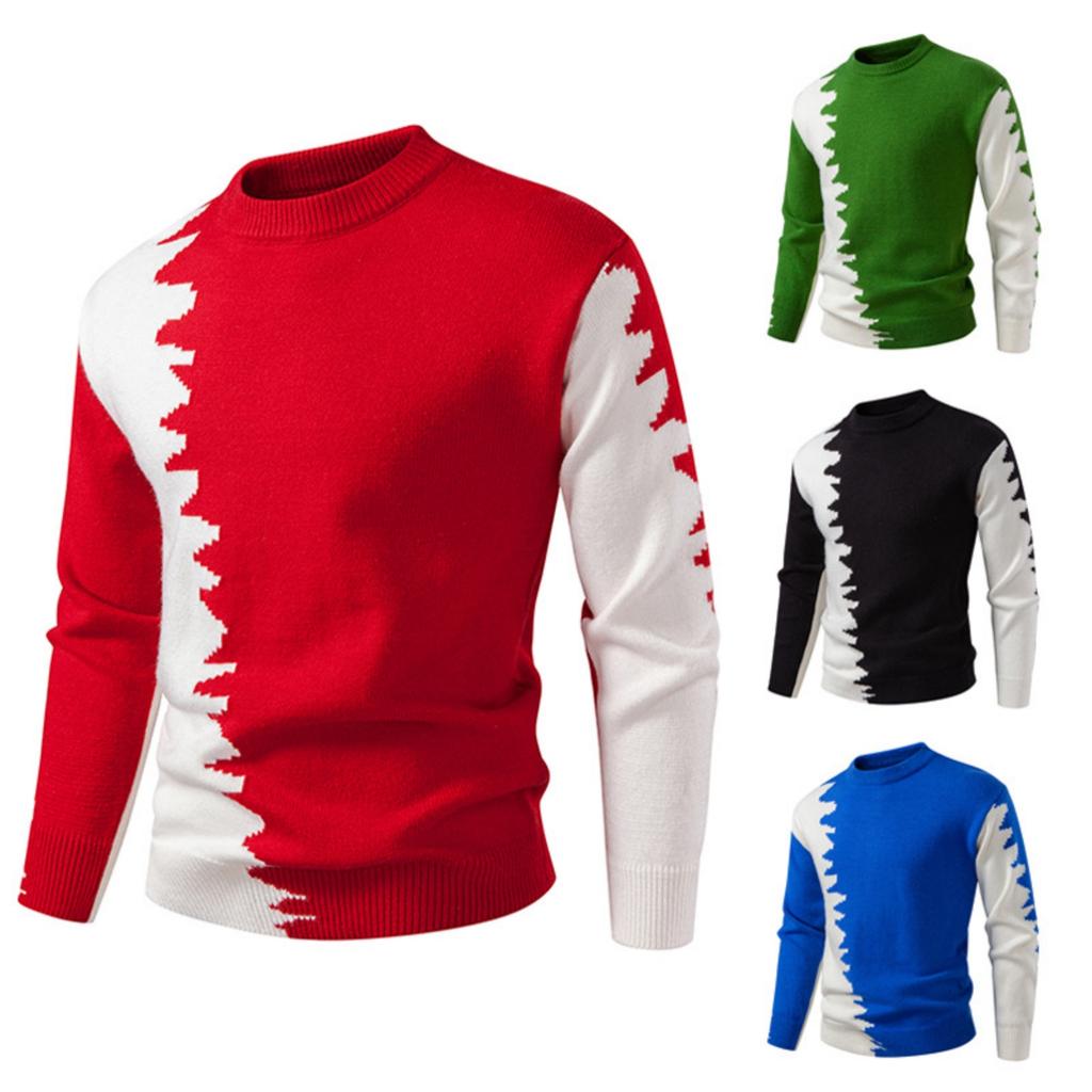Men's Casual And Trendy Color-blocked Warm Sweater, Fashionable Pullover, With A Round-neck Knitted Sweater Inside
