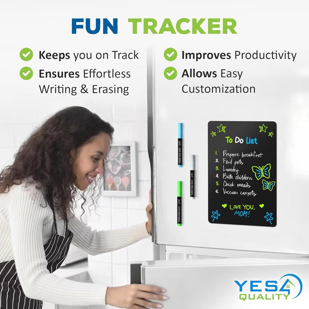 Magnetic Black Dry Erase Board for Fridge (12 x 8 inch), Stain-Resistant w/ 3 Magnetic, Fine-Tip Neon Chalk Markers & Eraser by Yes4Quality