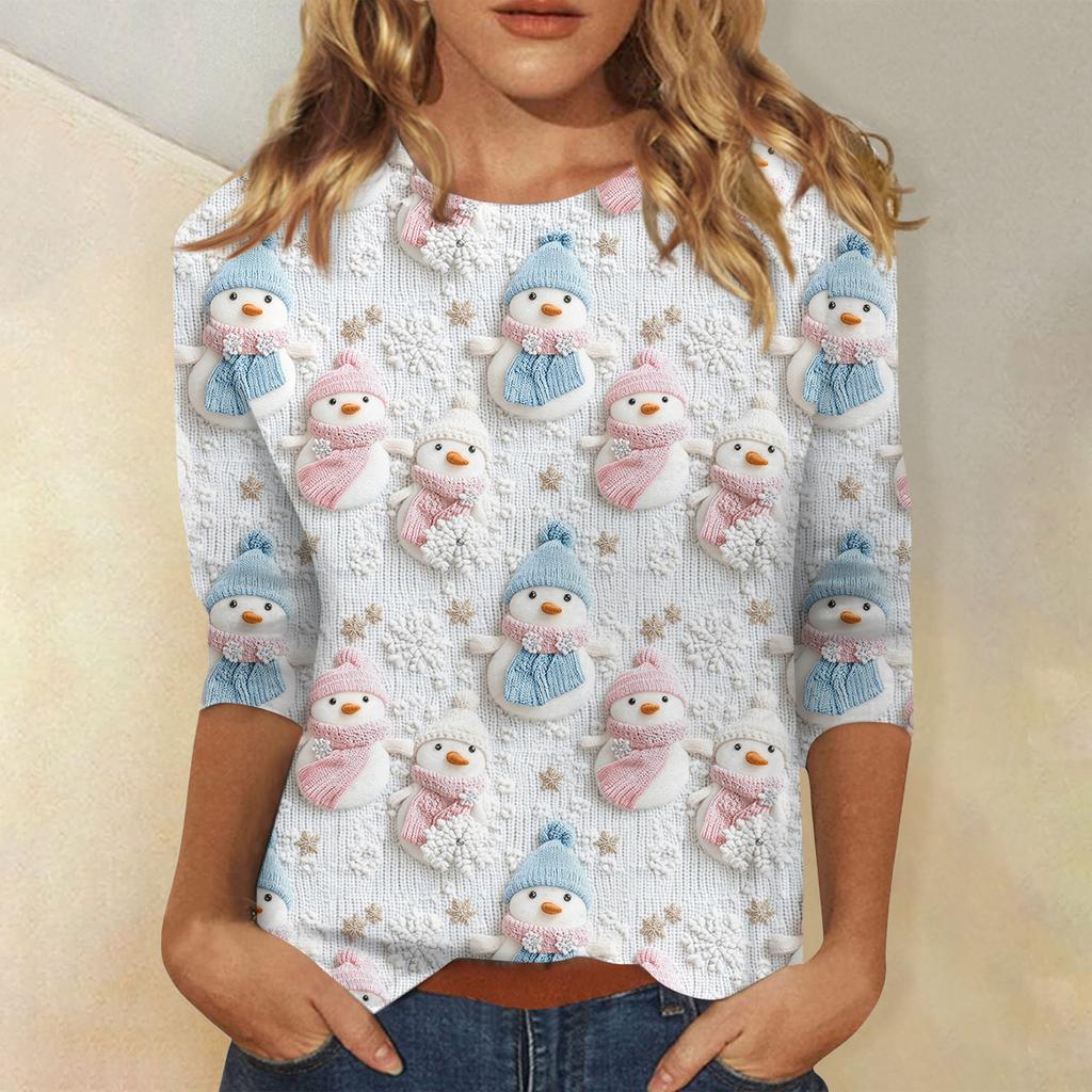 Women's Fashionable Casual Three-Quarter Sleeve Christmas Print Round Neck Top