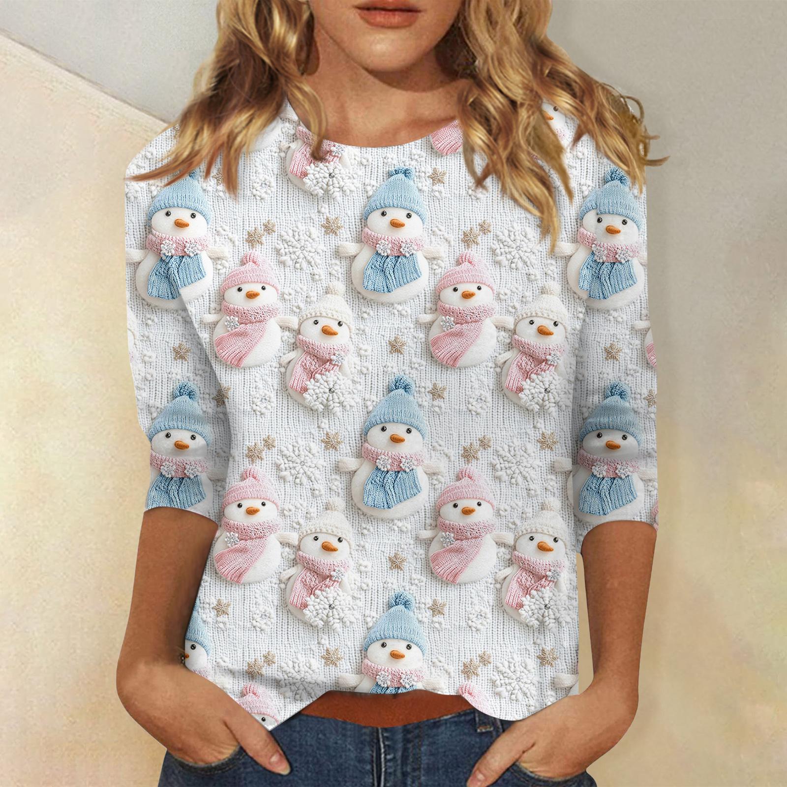 

Женская модная повседневная футболка с рукавом три четверти и рождественским принтом, с круглым вырезом XL белый