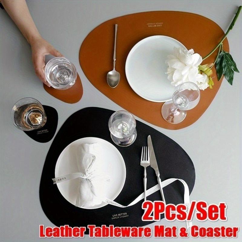 2pcs/set Leather Tableware Mat Dinner Pad Waterproof Table Mat Insulation Coaster Placemats for Restaurant Kitchen Home