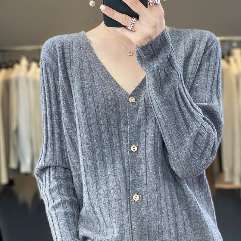 2025 Autumn/Winter Women's 100% Wool V-Neck Ribbed Cardigan Sweater, Versatile Loose Cashmere Coat