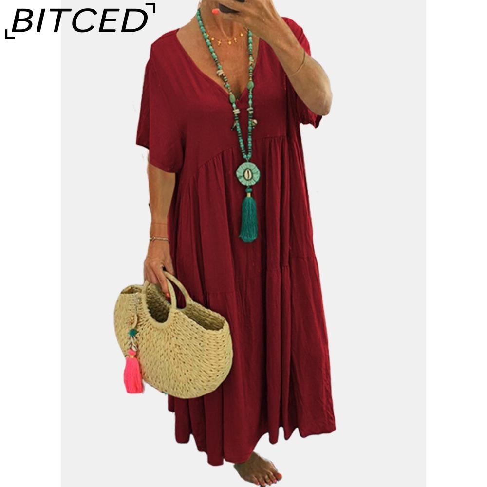 BITCED Women Summer Fashion Solid V-Neck Plus Size Dress Loose Long Oversized Casual Short Sleeve Dress