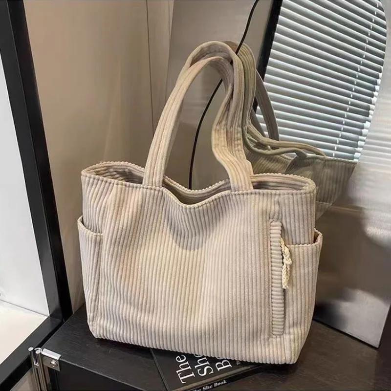 Women Corduroy Tote Bag with Zipper Closure Casual Multi Pocket Handbag Large Capacity Fixed Shoulder Strap Commute Shoulder Bag