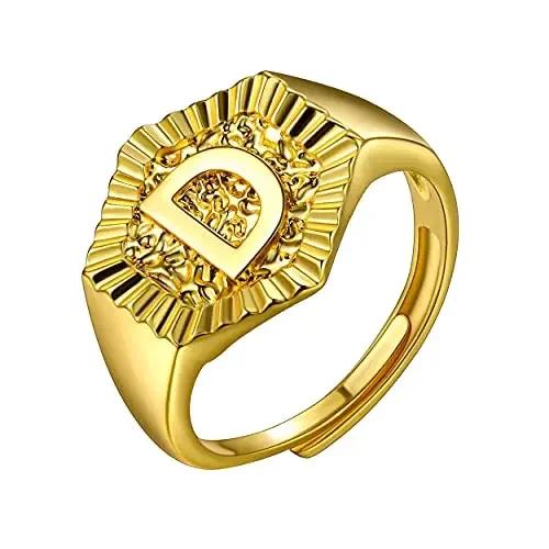 Hexagon Surface 3D Embossed A-Z Initial Letter Rings for Man Woman Adjustable Size A-Z 14k Gold Color Family Signet Jewelry