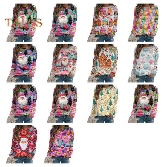 Julegenser Dame 3D Juletre Hus Trykk Rund Hals Langermet Topper Lett Ferie Genser Topper