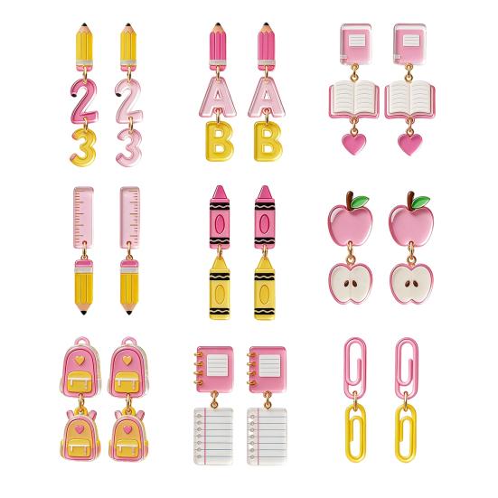 Boucles d'oreilles pendantes mignonnes en acrylique 1 paire Enseignante pour femmes, Thème Fête Commémorative Fête, Boucles d'oreilles Chiffre Alphabet Crayon Crayon Sac à dos 2D, Premier Jour