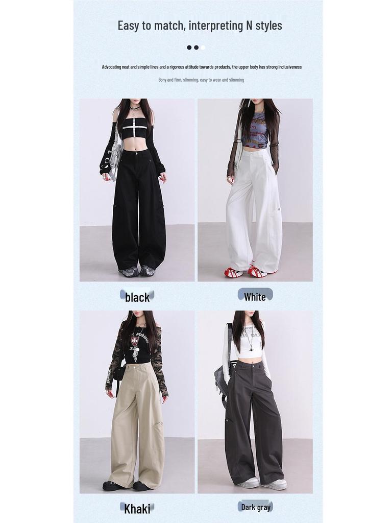 2025 Autumn Women's Spliced Wide-Leg Cargo Pants with Large Pockets