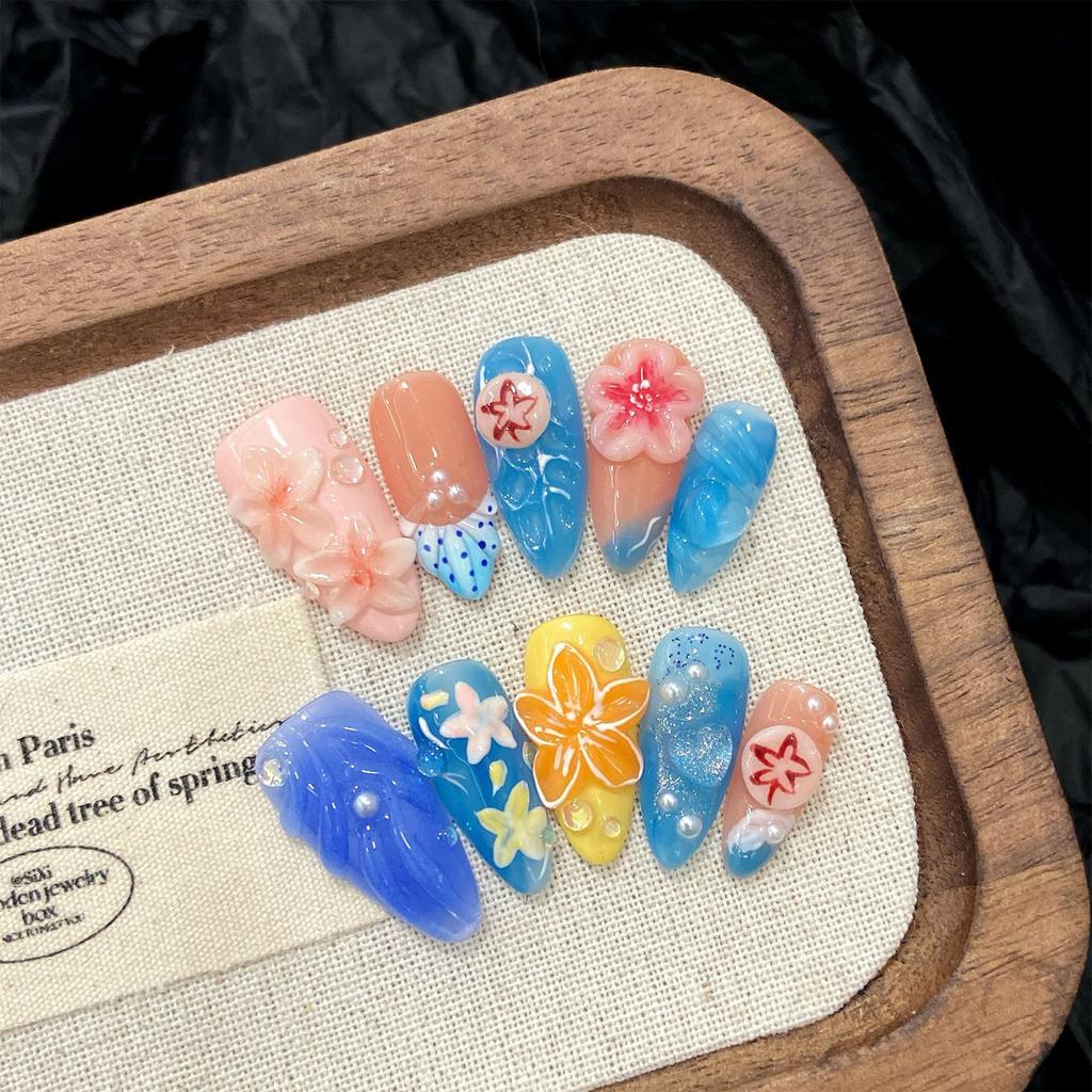10pcs Handmade Press On Nails 3D Colorful Summer Sea Starfish Designs False Nail Patches For Women  Wearable Almond Fake Nails