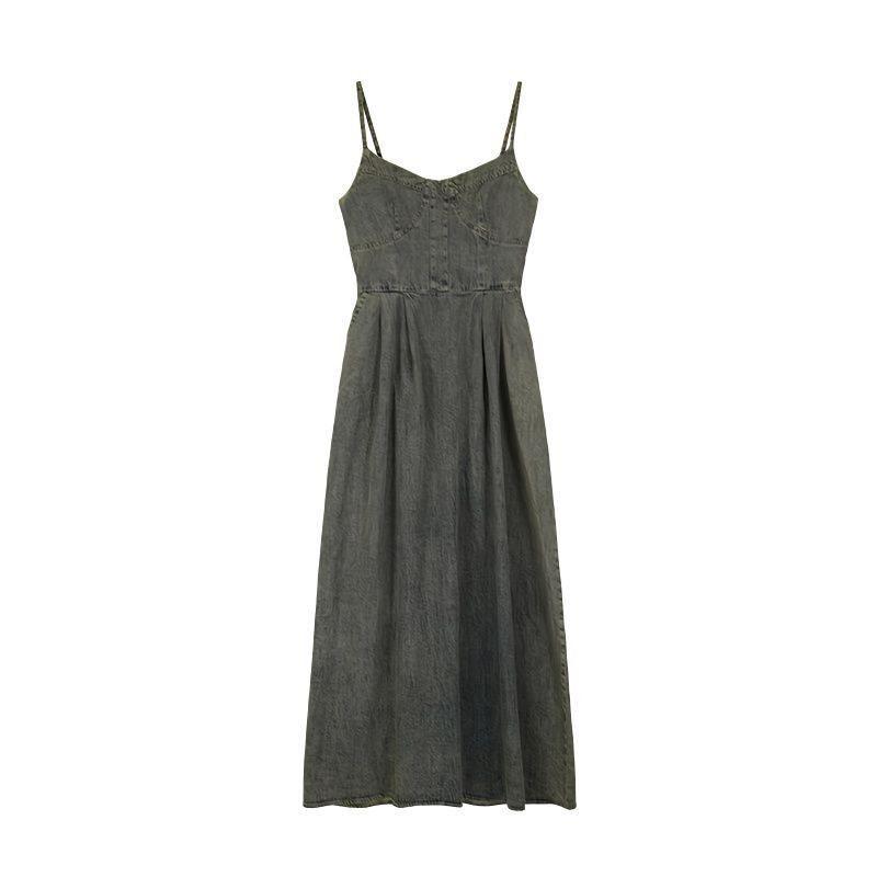 Vintage Denim Suspender Dress With Knit Fabric For Summer Casual Wear