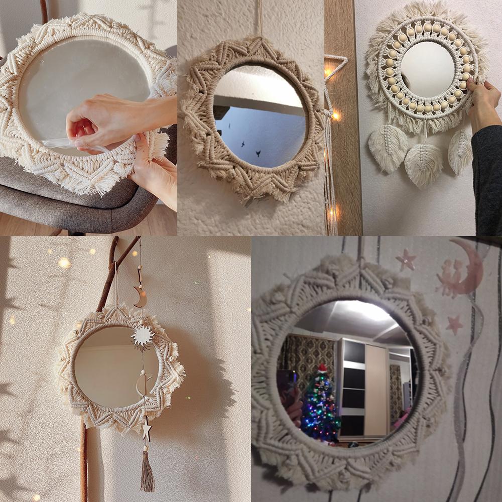 Boho Decorative Mirrors Macrame Round Mirror Aesthetic Room Decor Hanging Wall Mirror for Bedroom Living Room House Decoration