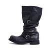 Women's Oxhide Distressed Slouchy Boots Double Buckle Strap Mid Calf Vintage Style Chunky Heel Edgy Fashion Ladies Ankle Boots