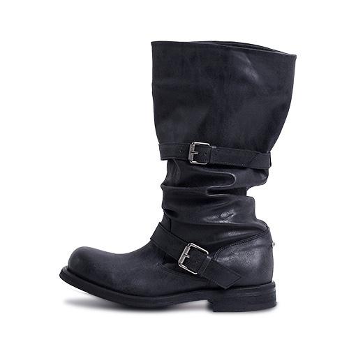 Women's Oxhide Distressed Slouchy Boots Double Buckle Strap Mid Calf Vintage Style Chunky Heel Edgy Fashion Ladies Ankle Boots