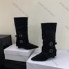 Fashion 2025 Vintage Suede Women Trouser Legs Boots Fashion Belt Buckle Slip On Shoes Autumn Winter Wedges Heel Ladies Long Booties
