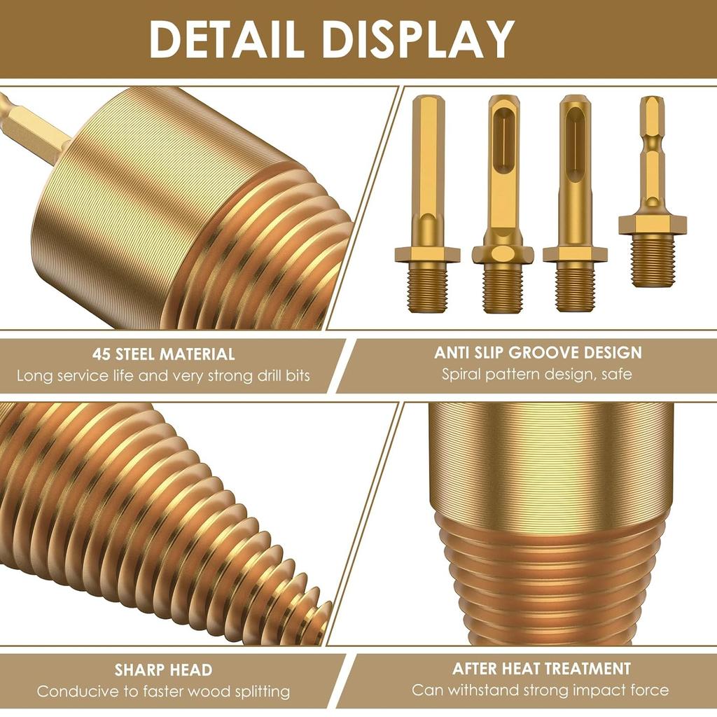 Firewood Drill Bit Set, Easy To Use Fire Wood Splitter Drill Bit Tool, High Efficient Wood Splitting Drill Bit with 4 Replacement Rod, Wear Resistant