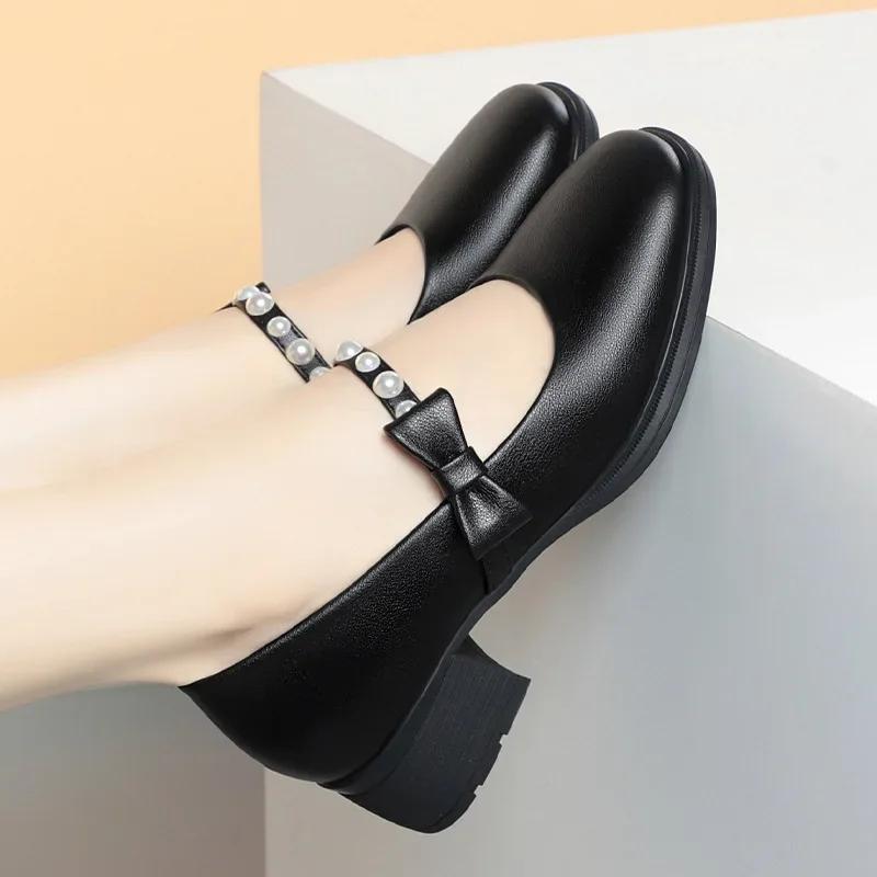 4cm Breathable Fashion Med Block Heels Shoes Women Mary Janes 2025 Fall Shallow Mouth Pearl Bow Leather Shoes for Office Mom