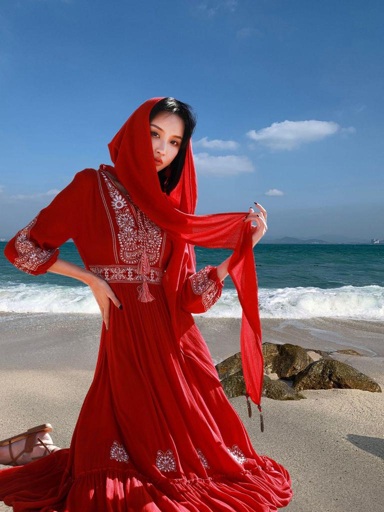 Yunnan Sanya Fairy Beach Red Dress - Women's Long Slimming Desert Travel Outfit