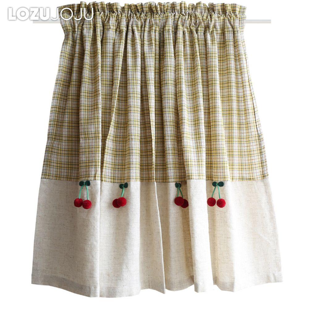 1PC LOZUJOJU Beige Checkered Cherry Decoration Short Curtain Rod Pocket Partition Curtain for Kitchen Living Room Bedroom Cupboard Home Decor