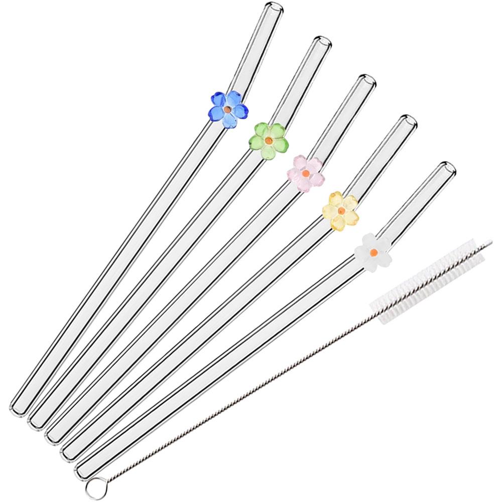 6Pcs Flower Drinking Straw Set High Borosilicate Glass Bent Straws Set with Brush Milk Shake Coffee Cocktail Straw Bar Drinkware