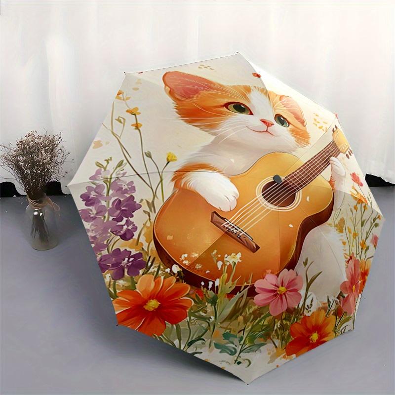 1pc Cat Playing Guitar Automatic Folding Umbrella - 3 Folding Design, Vivid Cartoon Pattern, Suitable for Outdoor Activities, A Gift for Fan