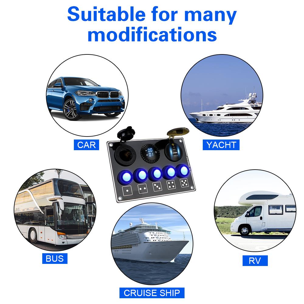 12/24V LED Voltage Display 5 Gang For RV Car Marine PD USB QC3.0 Quick Charge Car Accessories Waterproof Car Switch Panel