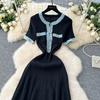 Summer Women Elegant Short Sleeve Denim Patchwork Knitted Sweater Long Midi Party Dresses