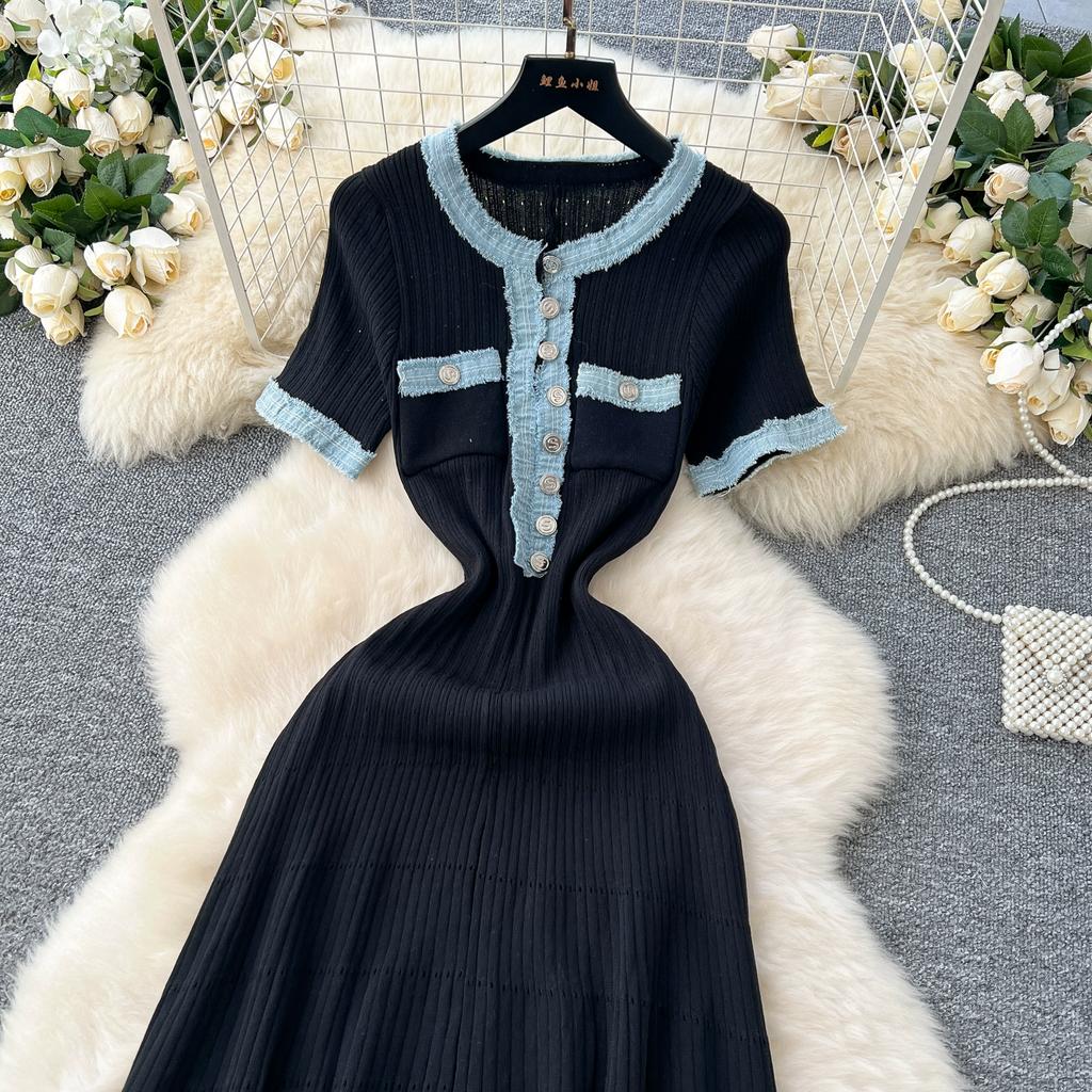 Summer Women Elegant Short Sleeve Denim Patchwork Knitted Sweater Long Midi Party Dresses
