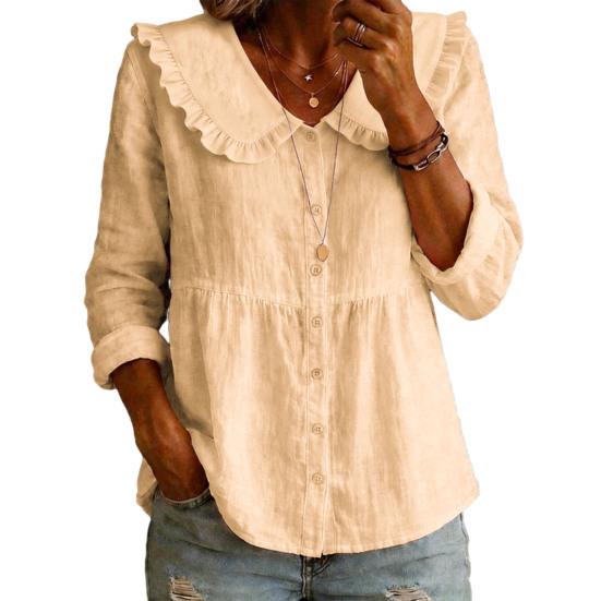 Women Shirt Ruffled Large Lapel Long Sleeve Buttons Placket Shirt Tops Pure Color Loose Fit Mid-Length Hem Casual Tops S хаки
