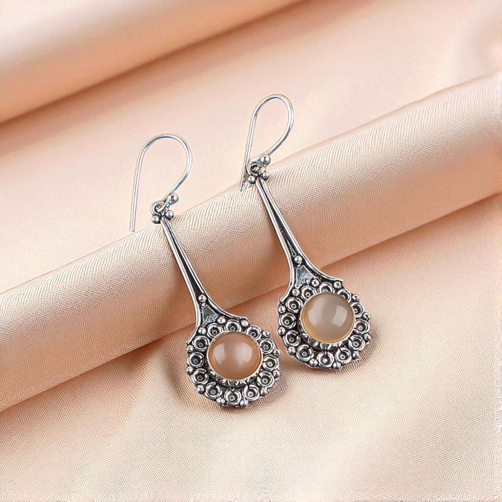 Rare Peach Moonstone Gemstone 925 Sterling Silver Jewelry Handmade Earrings2.52" EE-77-31