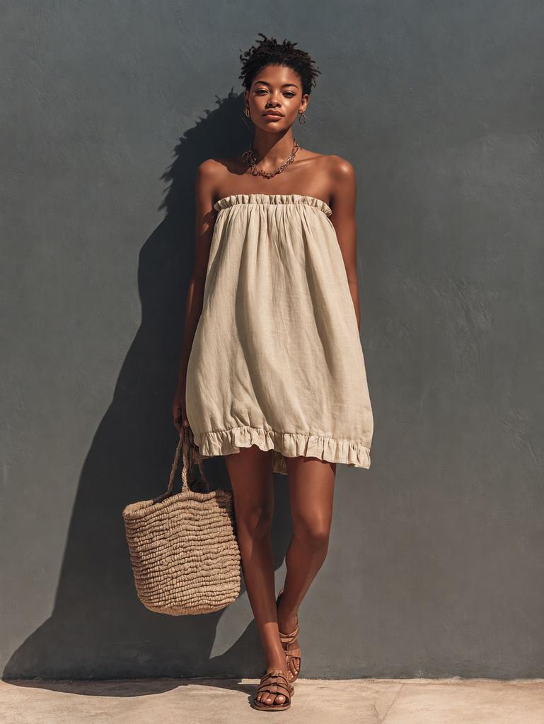 New casual tube top ruffle edge dress European and American summer style cotton and linen short skirt