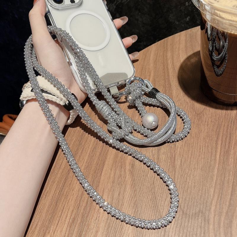 New Sparkle Rhinestone Bead Phone Strap Charm Long Chain Knot Cellphone Lanyard Keychain Bag Camera Diagonal Hanging Rope