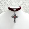 Temperament Goth Red Black Zircon Five-pointed Star Relief Cross Pendant Velvet Necklace for Women Halloween Party Jewelry Gift