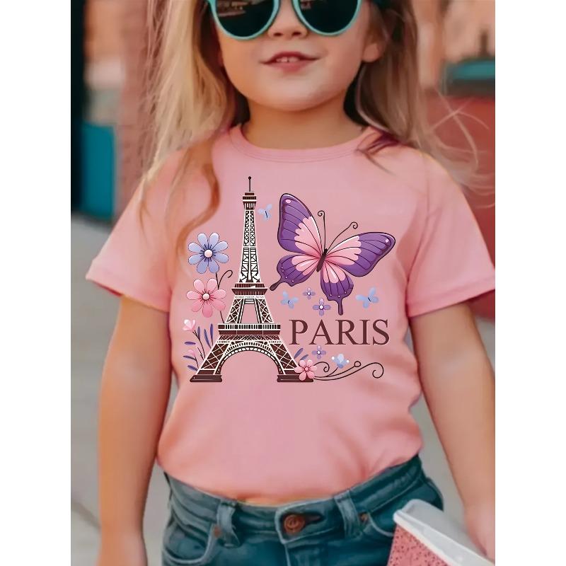 European Sizes Girls' Summer Clothing, T-Shirt with Eiffel Tower And Butterfly Flower Print, Creating a Stylish Look