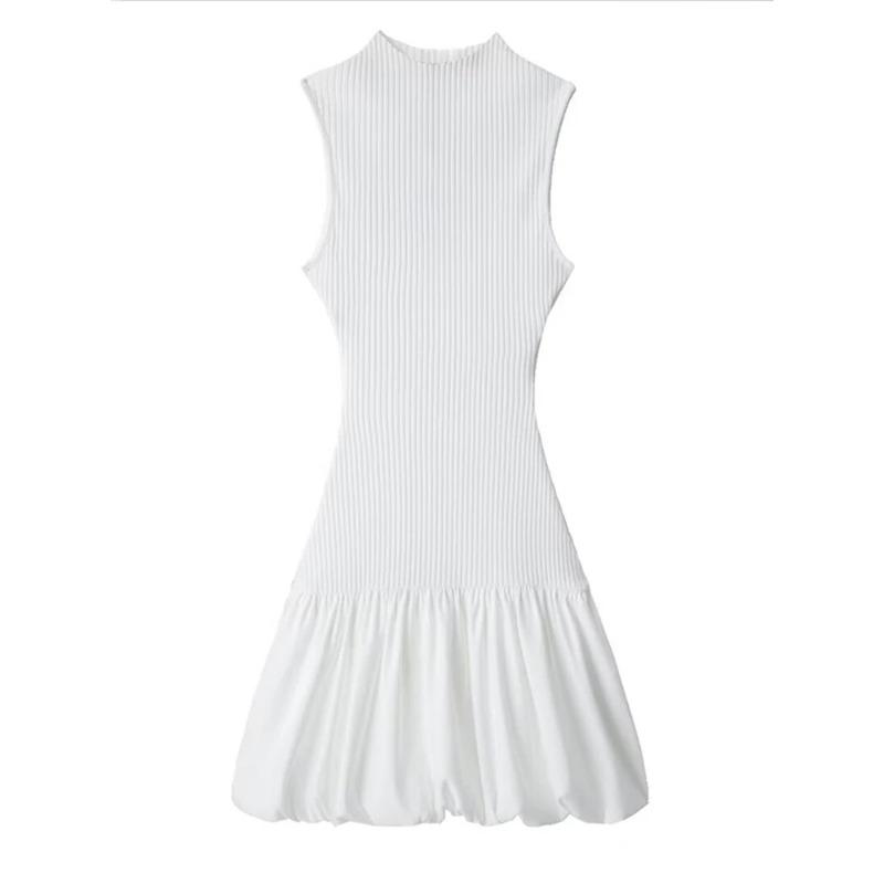 Sexy Knit Mini Dress Women Elegant Backless Sleeveless Puffy Dresses Female 2024 Spring Summer Party Fashion White Short Robe