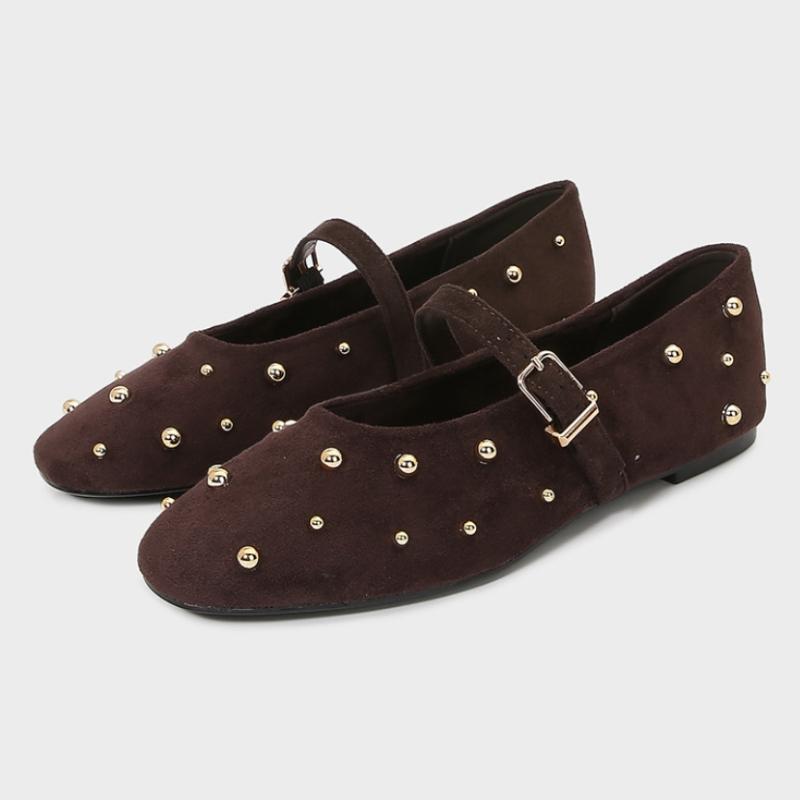Round Toe Rivets Women Mary Jane Shoes Brown Faux Suede Metal Belt Non-slip Soft Sole Retron Design  Spring Ladies Flats