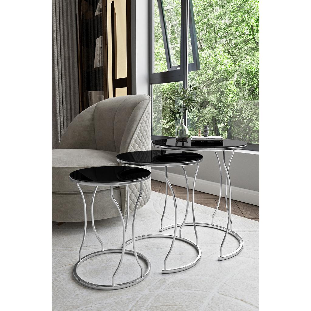 Dream 3-seat Nesting Coffee Table Silver Color Metal Leg Black Unbreakable Mirror