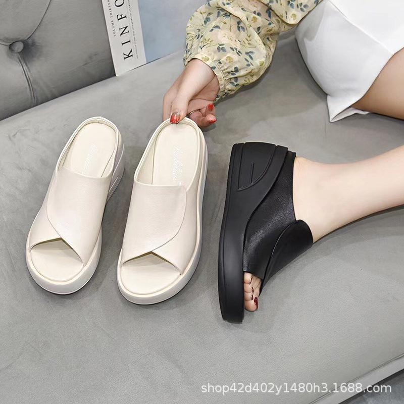 2025 new soft leather wedge cool slippers women's summer wear fashion Internet celebrity muffin thick bottom one word cool slippers