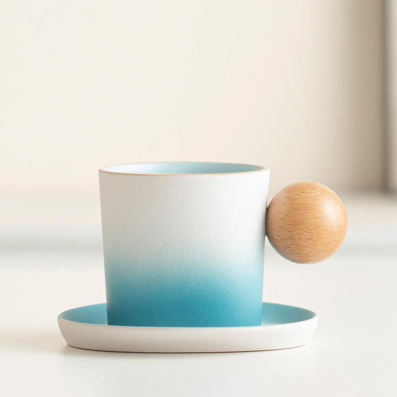 Gradual change ceramic coffee cup and saucer set creative wooden handle coarse pottery high value afternoon teacup retro latte cup