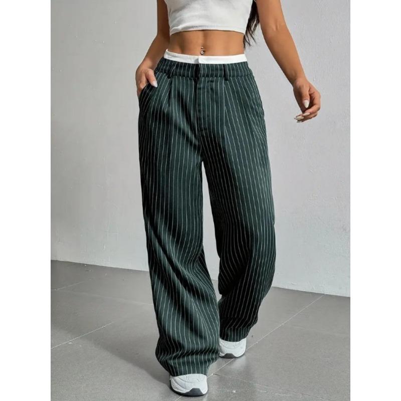 European American New Women's Japanese Korean Casual Color Matching Simple Drape Straight Trousers with Wide Legs Pants