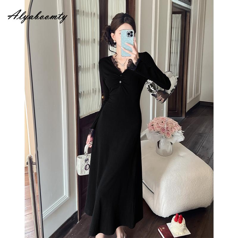 

Французский стиль Осень Зима Женское базовое миди-платье V-образный вырез Кружевная вставка Фиолетовое Черное Вязаное платье Вязаное Женственное Дамское платье One Size чёрный