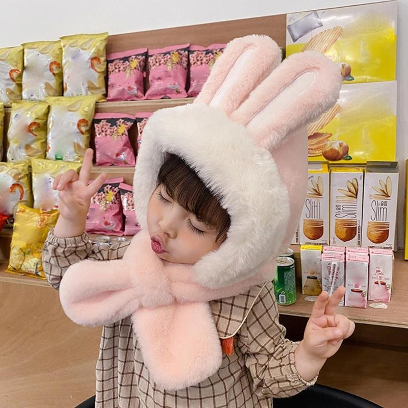 Kids Winter Hat Warm Plush Scarf Hats Thick Earflap Hooded Caps with Rabbit Ears Decoration for Boys Girls Ages 3-8