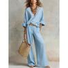 Women's Loose Casual Two-Piece Set Three Quarter Sleeve V Neck Blouse High Waist Wide Leg Pants Outfit