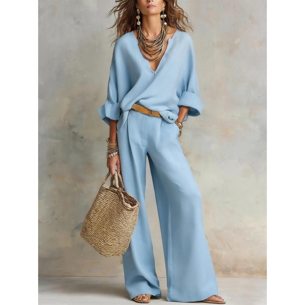 Women's Loose Casual Two-Piece Set Three Quarter Sleeve V Neck Blouse High Waist Wide Leg Pants Outfit