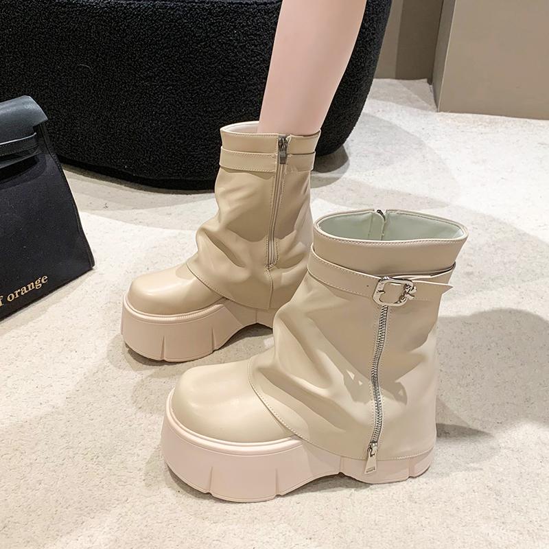 Fashion Women High Platform Ankle Boots Autumn Winter Gothic Style Leather Shoes Buckle Punk Motorcycle Boots Round Toe Chunky Sneakers