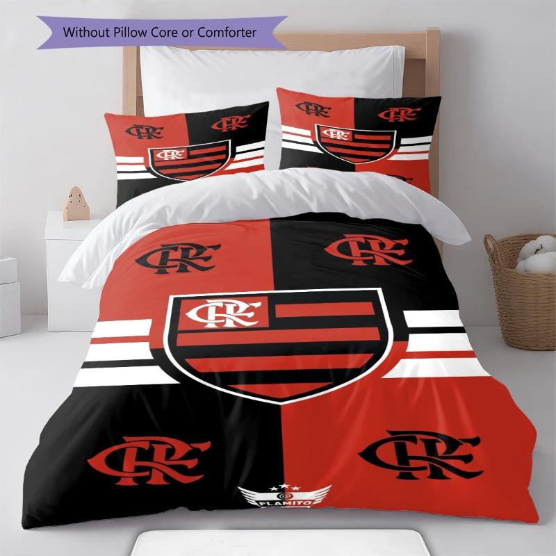 Flamengo Club Crest Red Black Stripe Print 3 Pieces Duvet Cover Set Brazil Soccer Fan Bedding Bedroom Home Decor Without Pillow Core Comforter