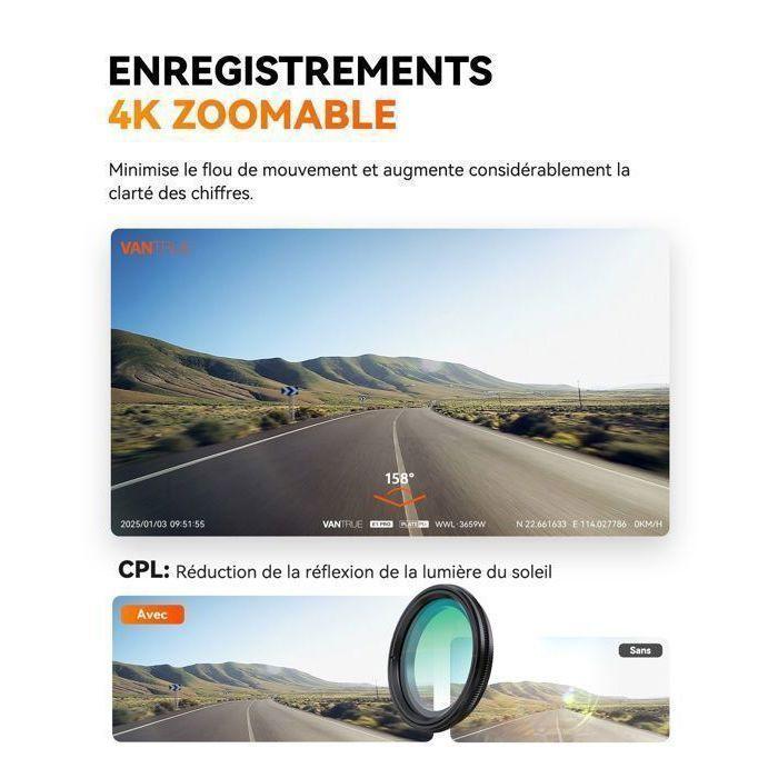 VANTRUE Element-1 PRO 4K Dashcam Car, Mini WiFi GPS On-Board Camera, French Voice Control, HDR Parking Mode