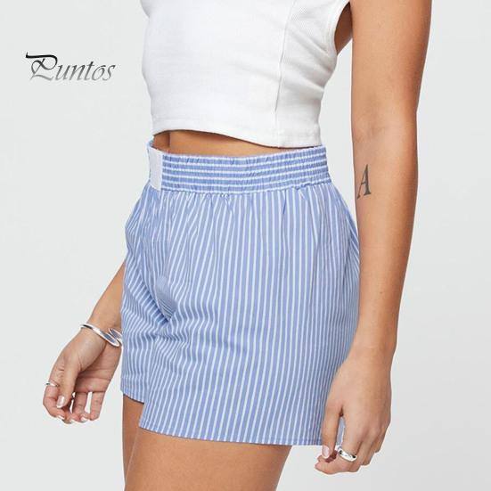 Women Summer Shorts Striped Print High Elastic Waist Retro Loose Above Knee Length Casual Sport Homewear Short Pants